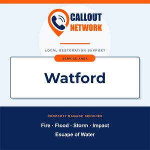 Callout Network Watford graphic listing fire, flood, storm, impact and escape of water restoration