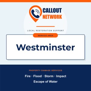 Callout Network Westminster graphic listing fire, flood, storm, impact and escape of water restoration