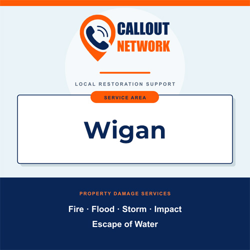 Callout Network Wigan service area graphic for fire, flood, storm, impact and escape of water damage