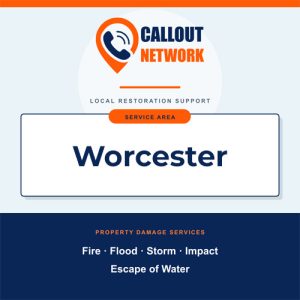 Callout Network Worcester graphic listing fire, flood, storm, impact and escape of water restoration