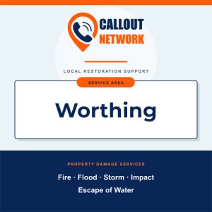 Callout Network Worthing graphic listing fire, flood, storm, impact and escape of water restoration