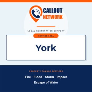 Callout Network York graphic listing fire, flood, storm, impact and escape of water restoration