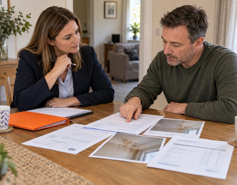 Independent loss adjuster reviewing property claim documents with a homeowner.