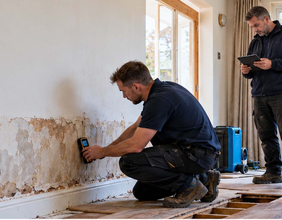 Property restoration specialists assessing water damage and planning repairs inside a UK home.