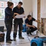 Three property restoration contractors reviewing a repair plan and damaged wall together on site