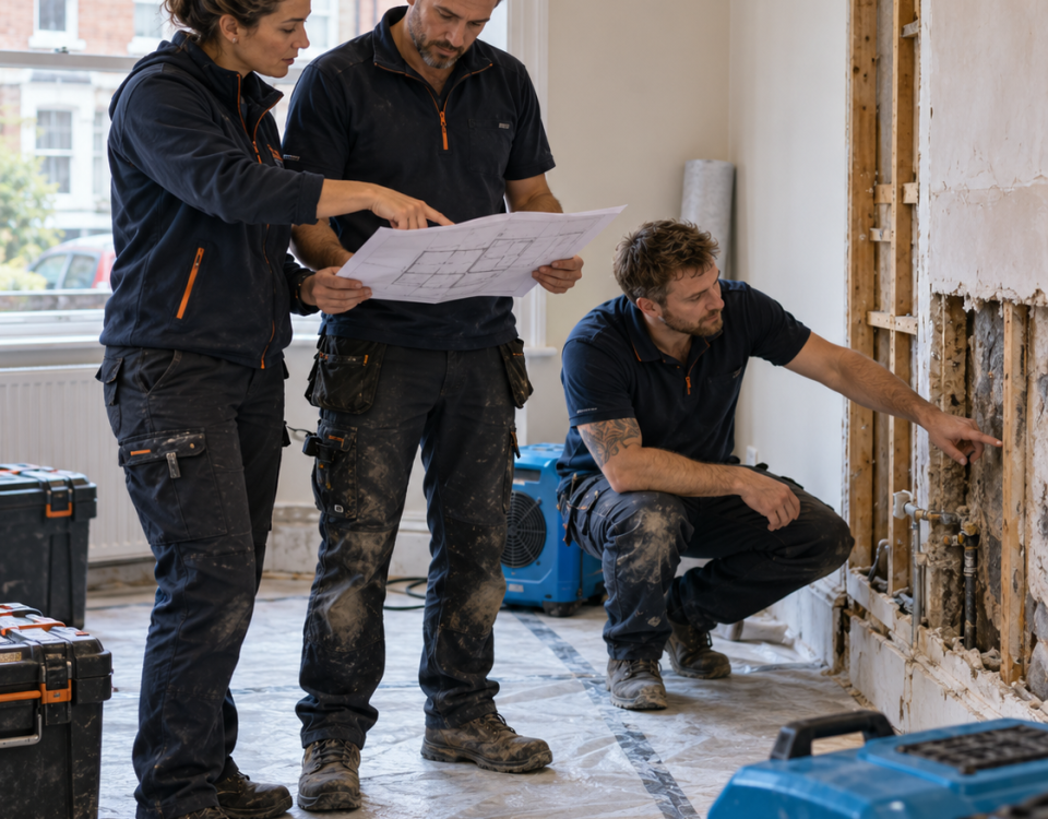 Three property restoration contractors reviewing a repair plan and damaged wall together on site
