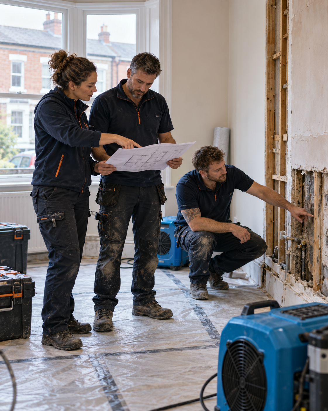 Three property restoration contractors reviewing a repair plan and damaged wall together on site