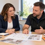 Female broker and male restoration specialist discussing a property repair plan