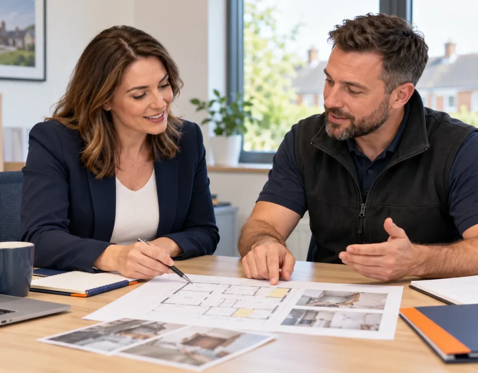 Female broker and male restoration specialist discussing a property repair plan