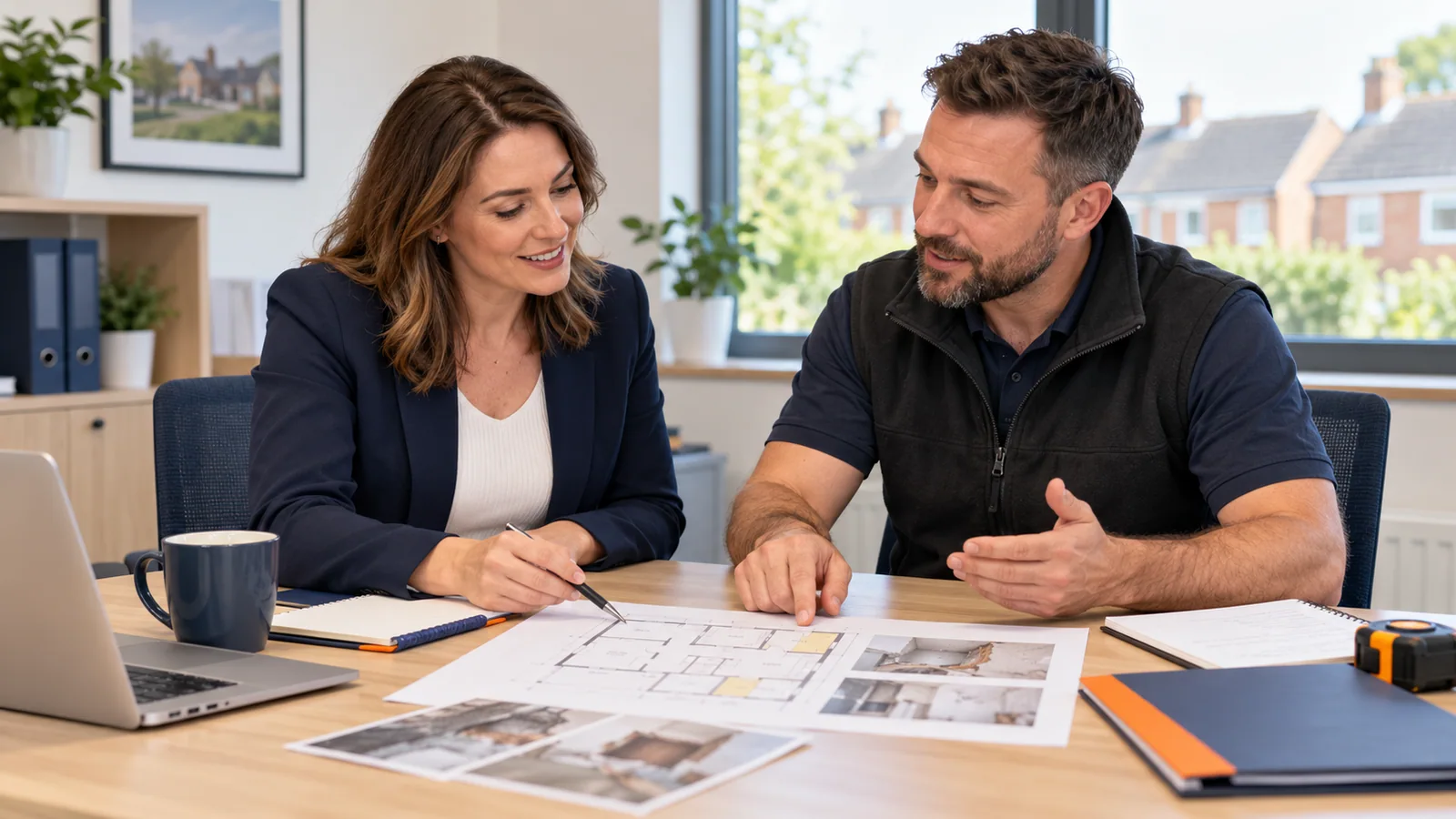 Female broker and male restoration specialist discussing a property repair plan in a UK office