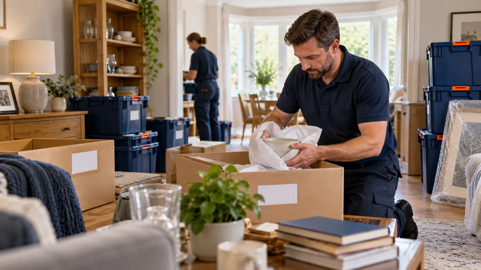 Restoration professional carefully packing household contents for storage