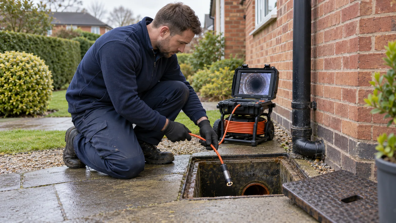 Drainage specialist inspecting an access chamber outside a UK home