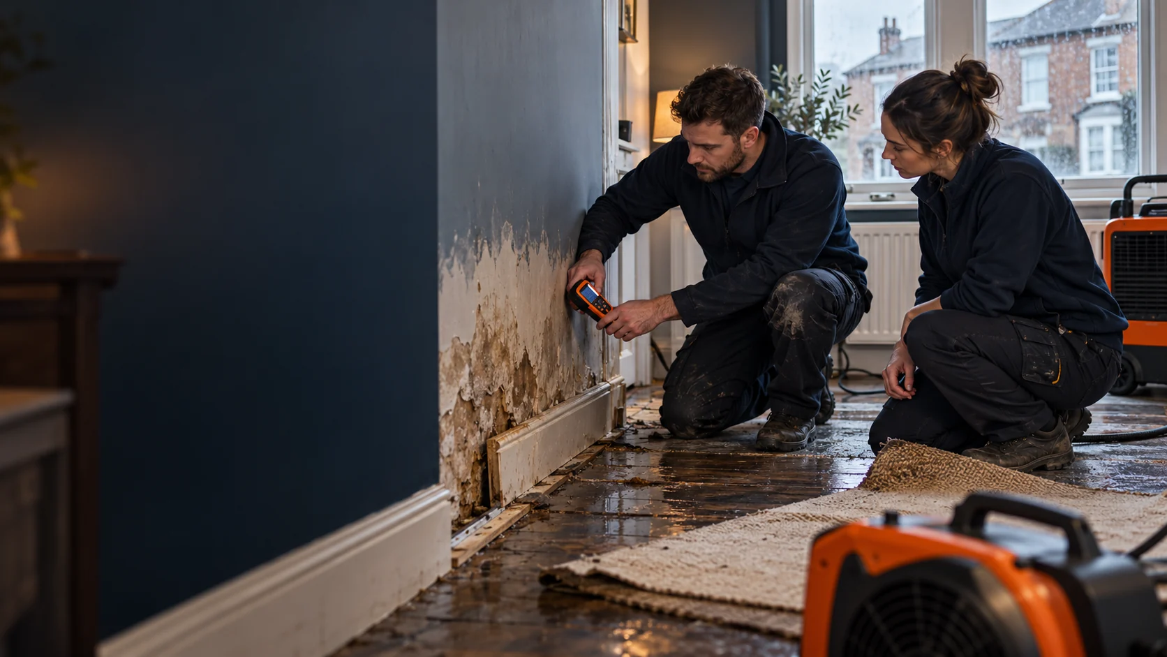 Two restoration specialists assessing burst-pipe water damage in a UK home