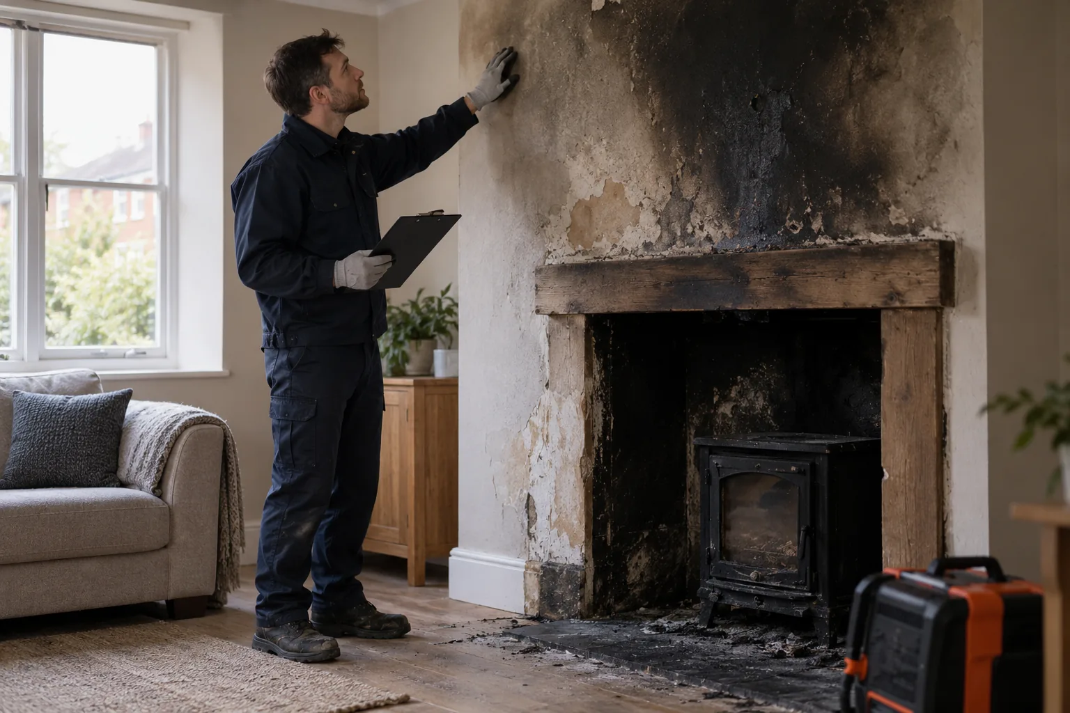 Specialist assessing smoke and soot damage around a fireplace in a UK home