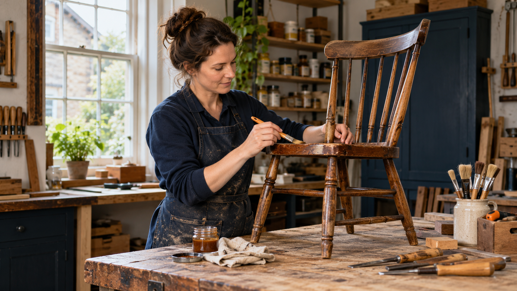 Furniture restorer repairing a wooden chair in a UK workshop