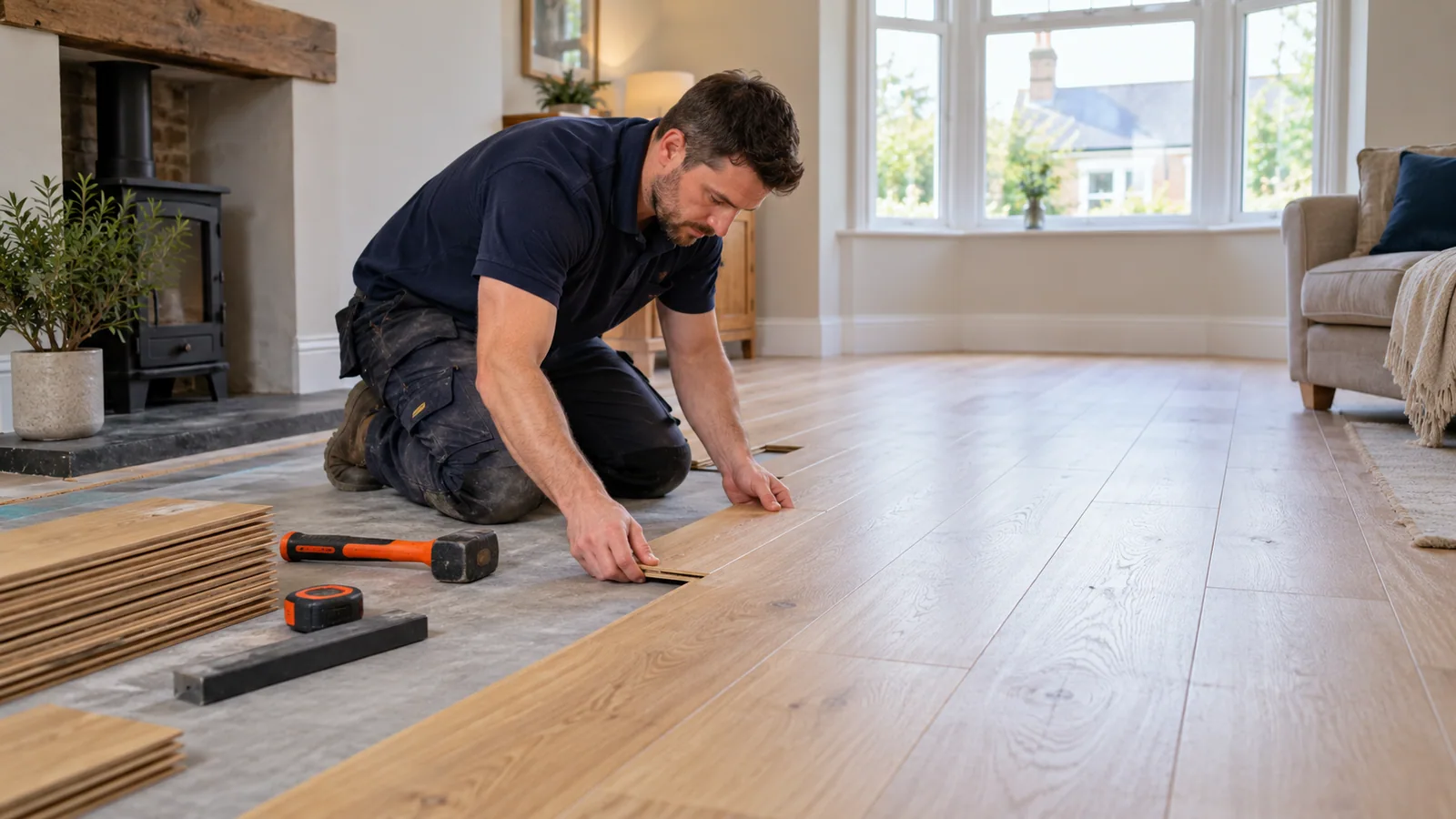 Tradesperson fitting oak flooring during the restoration of a UK home