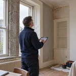 Restoration surveyor assessing damage inside a UK home before building repairs