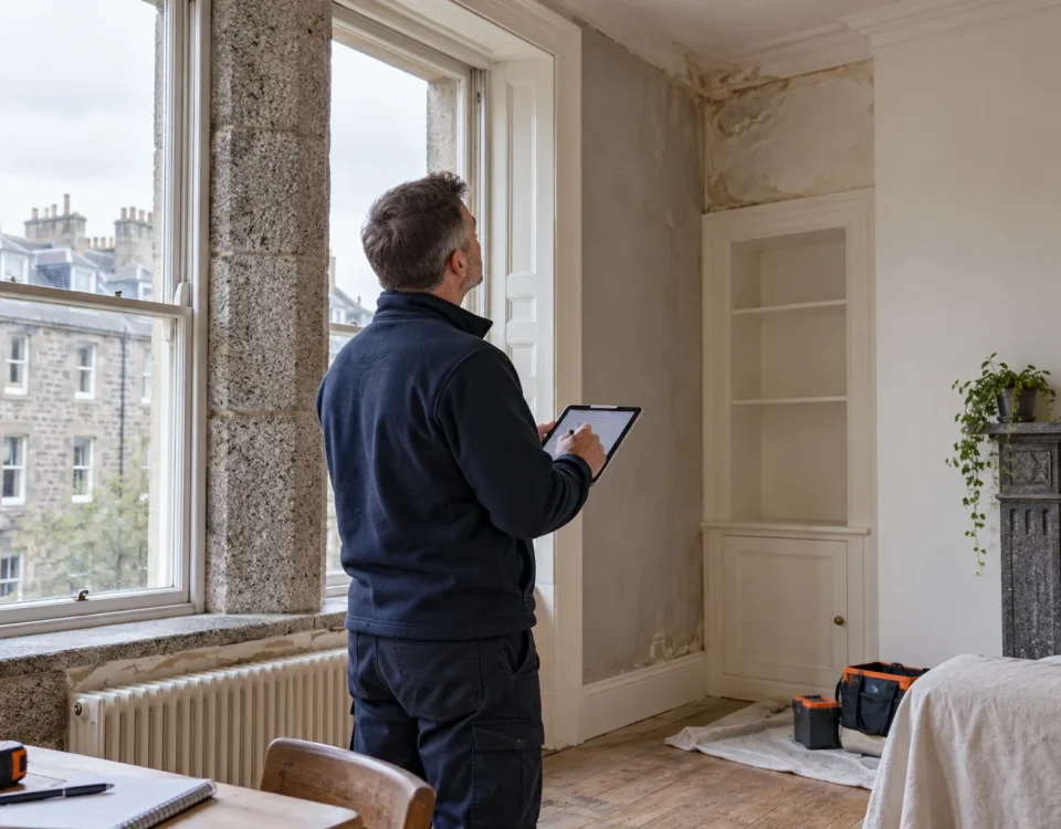 Restoration surveyor assessing damage inside a UK home before building repairs