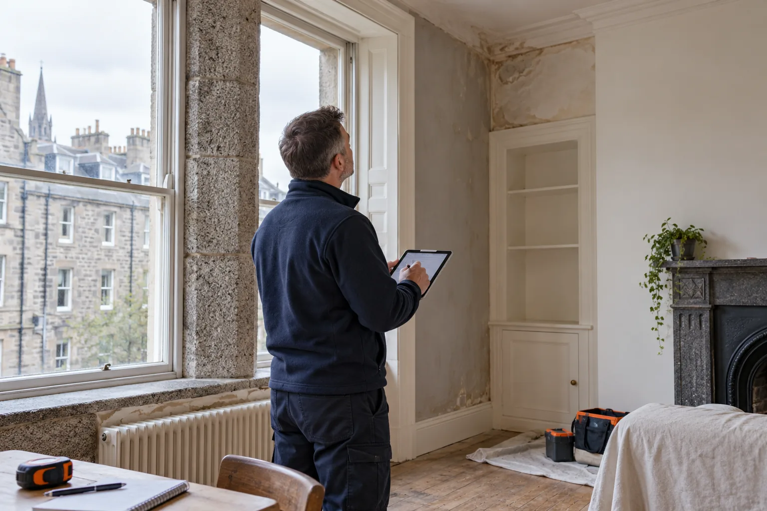 Restoration surveyor assessing damage inside a UK home