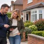 Property restoration surveyor discussing repair options with a homeowner outside a UK house