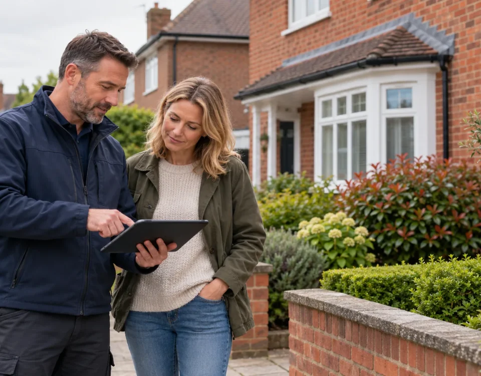 Property restoration surveyor discussing repair options with a homeowner outside a UK house