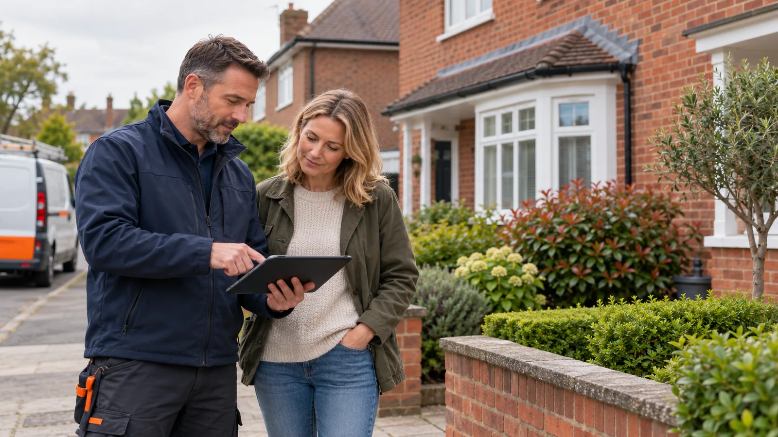 UK property restoration surveyor discussing a repair quotation with a homeowner