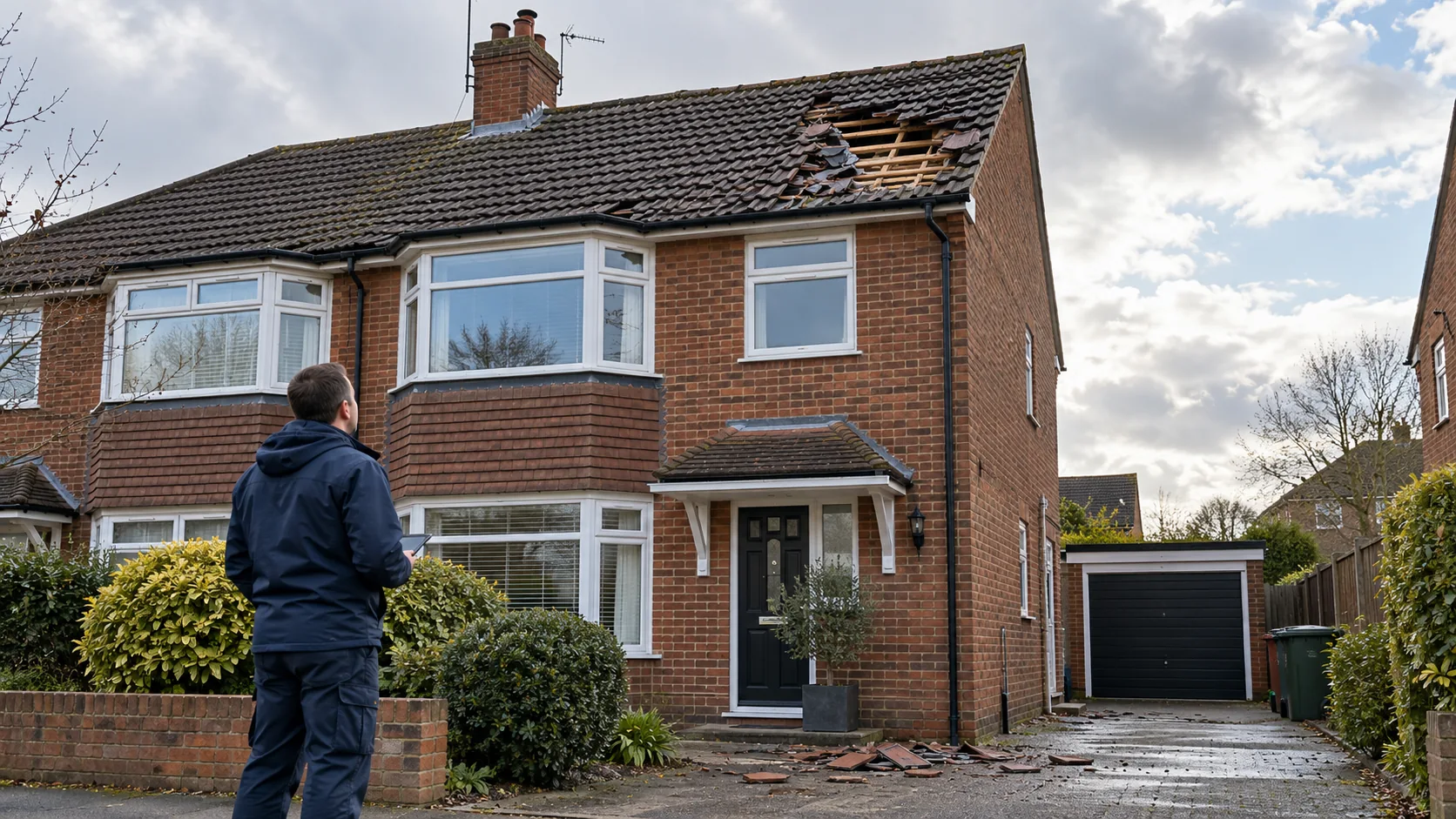 Storm-damaged roof tiles on a UK house being assessed from ground level