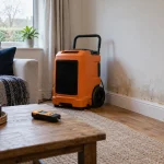 Drying equipment and a moisture meter in a UK home affected by water damage