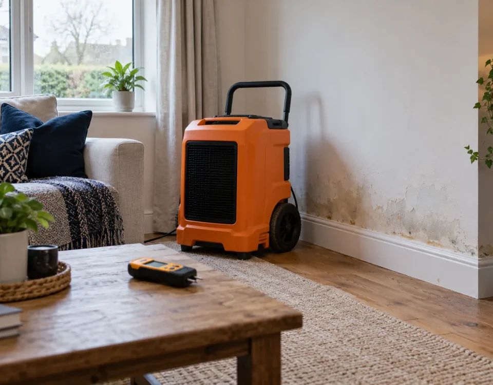Drying equipment and a moisture meter in a UK home affected by water damage