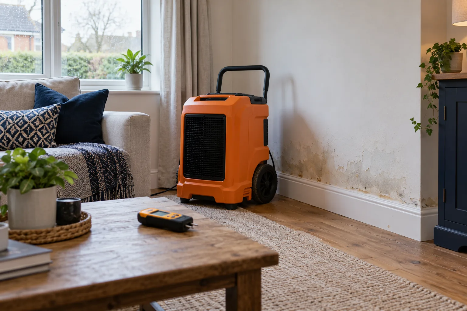 Drying equipment and moisture meter in a UK home affected by water damage