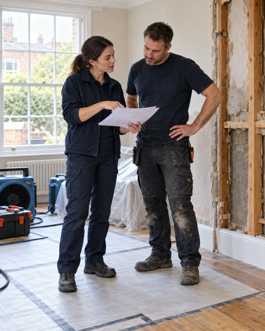 Female restoration manager and male contractor reviewing a repair plan in a UK home