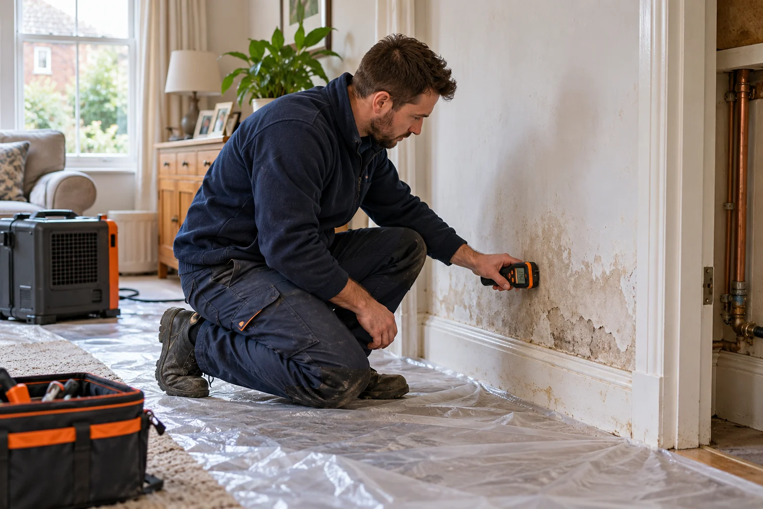 Restoration specialist checking moisture levels on a water-damaged wall in a UK home